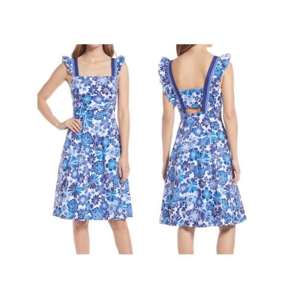 Tahari ASL Blue Floral Cotton Peek A Boo Back Ruffle Dress 2AM099 Size 8 NEW